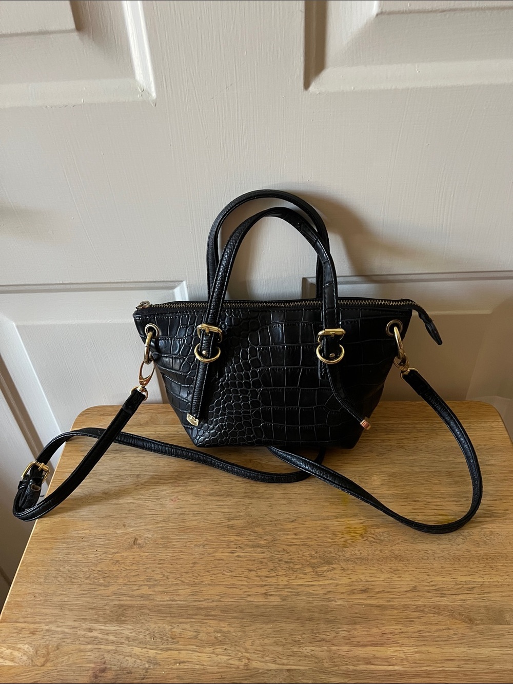 Olivia + Joy Black Croc-Embossed Crossbody Satchel with Gold Hardware